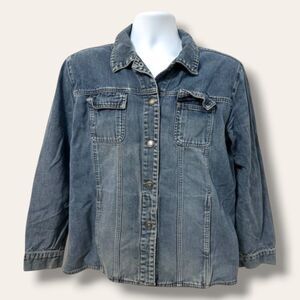 Chicos Denim Jacket Womens 2 Blue Long Sleeve Snap Front Relaxed Washed Casual